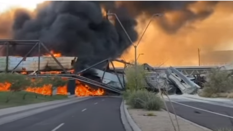 Fire, bridge collapse after train derails in Arizona